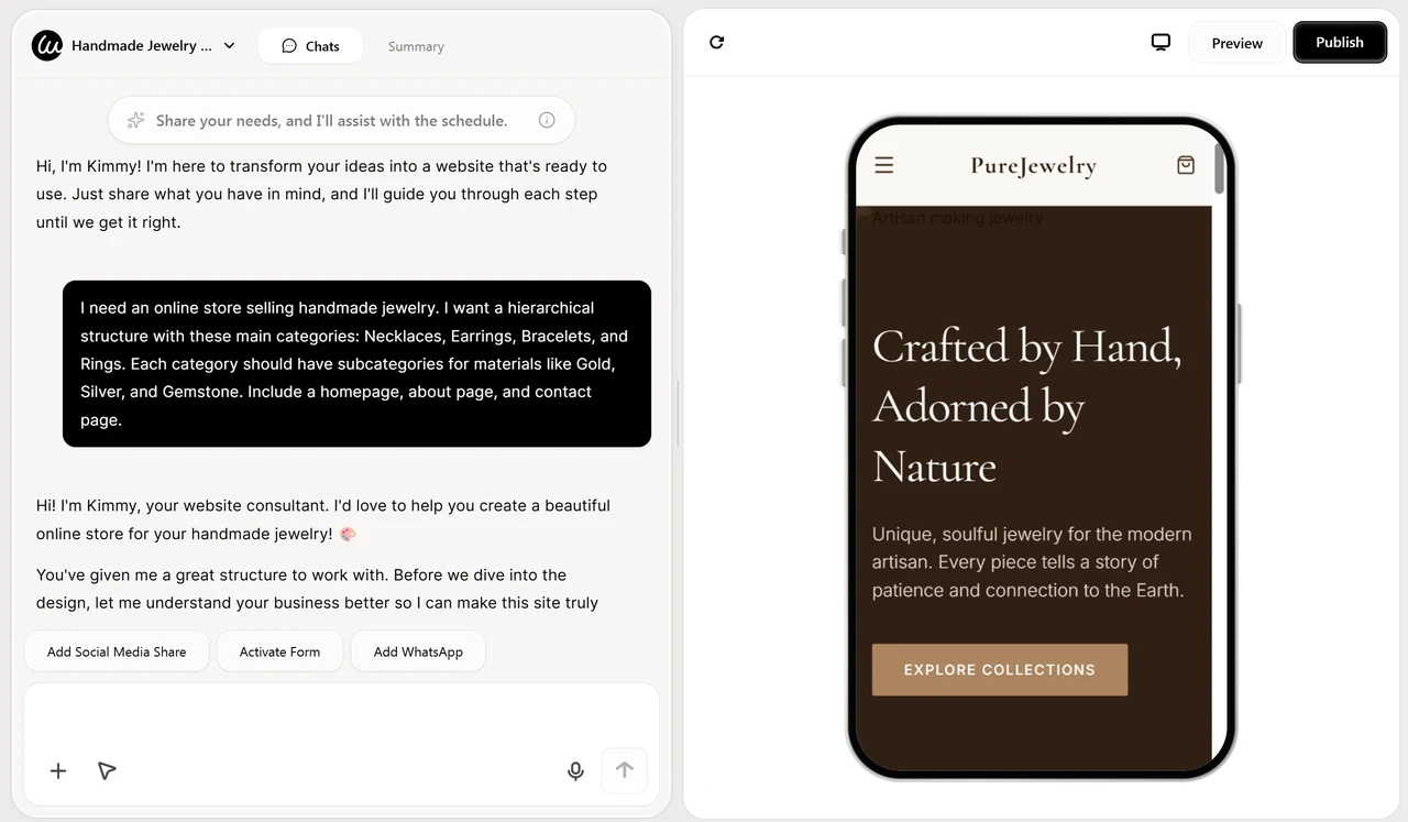 Split screen website building interface on Wegic AI