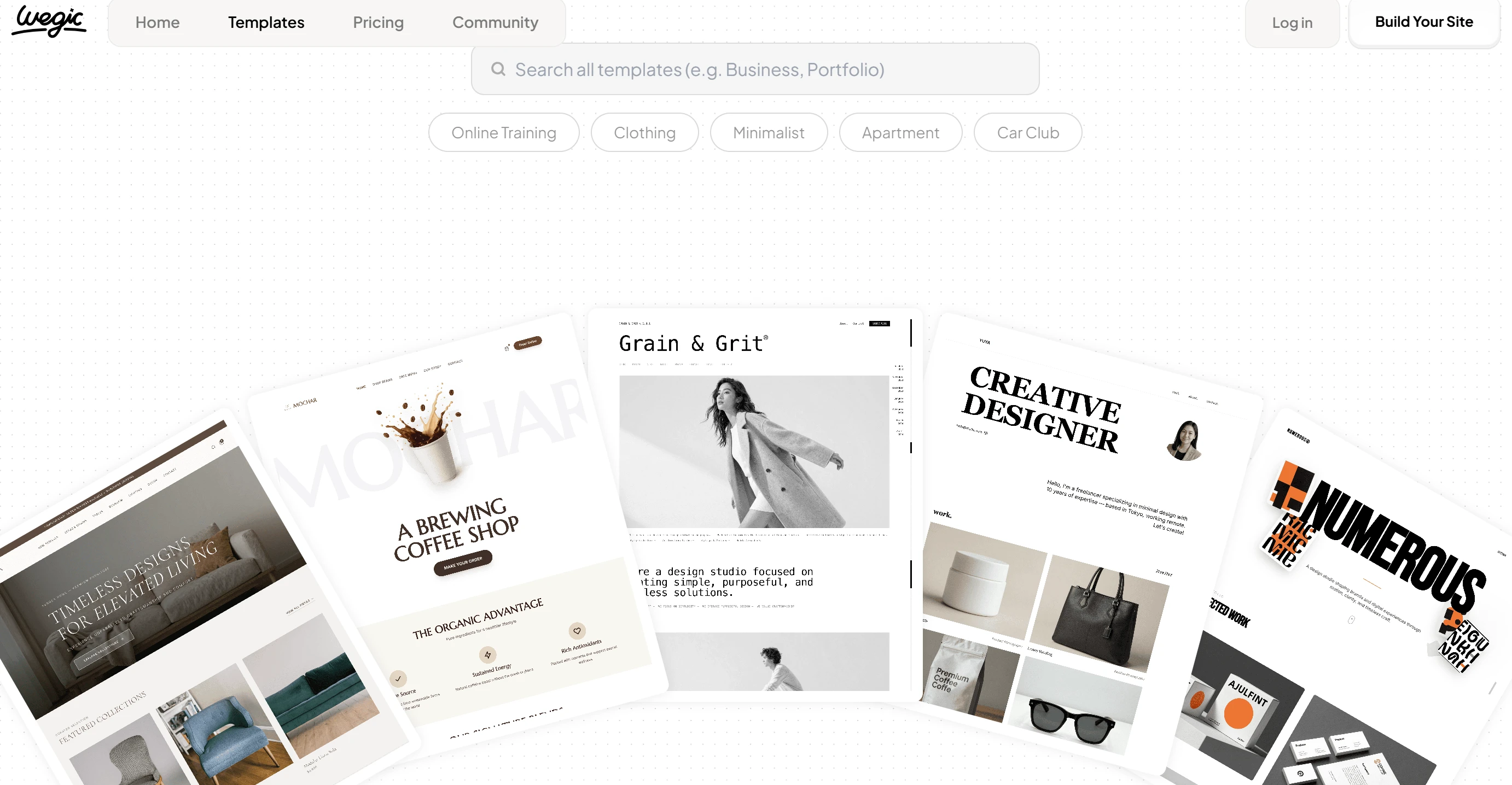 Five different website designs shown on Wegic Template