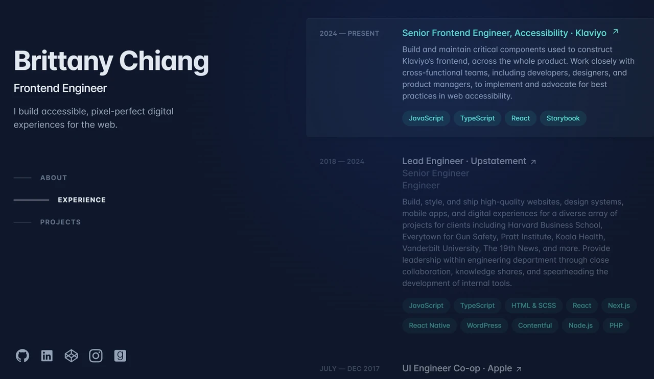 Brittany Chiang minimalist dark-themed software engineer portfolio website design
