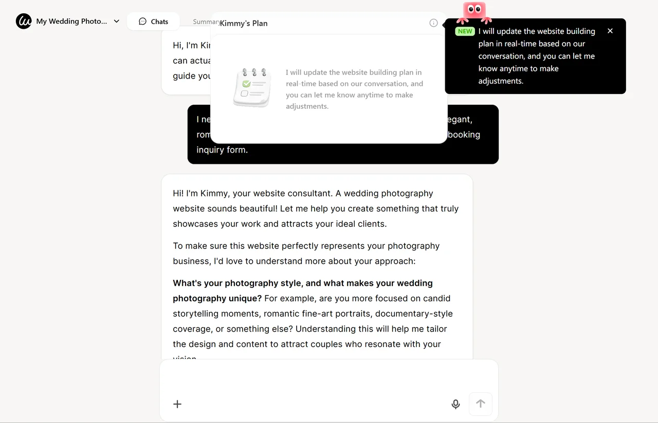 Wegic AI website builder conversation starting photography portfolio creation