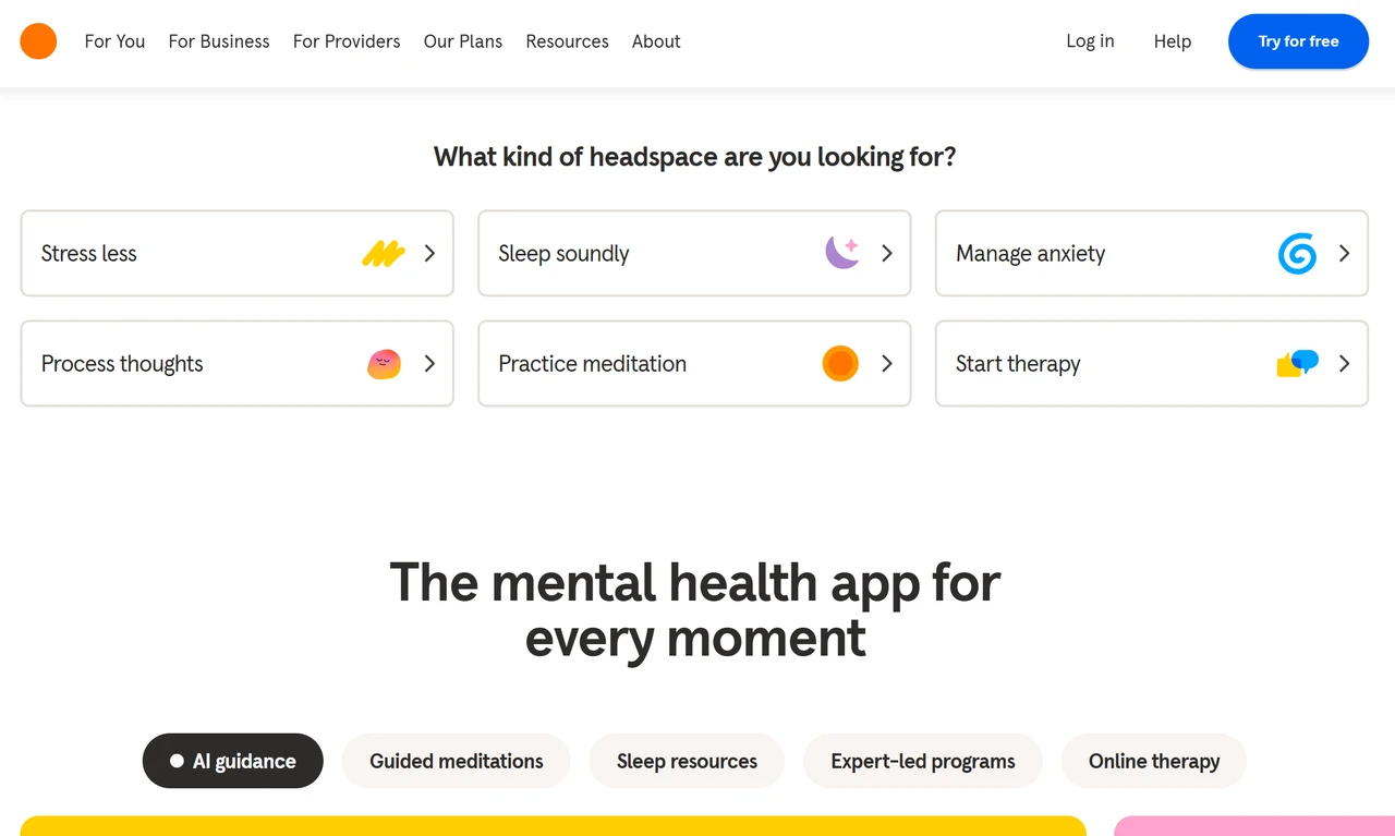 Homepage of Headspace
