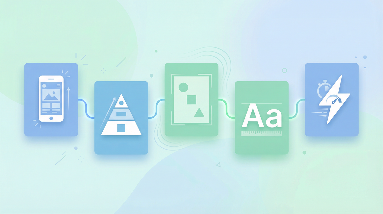 Un'illustrazione di design piatto che mostra cinque icone per le migliori pratiche di progettazione web