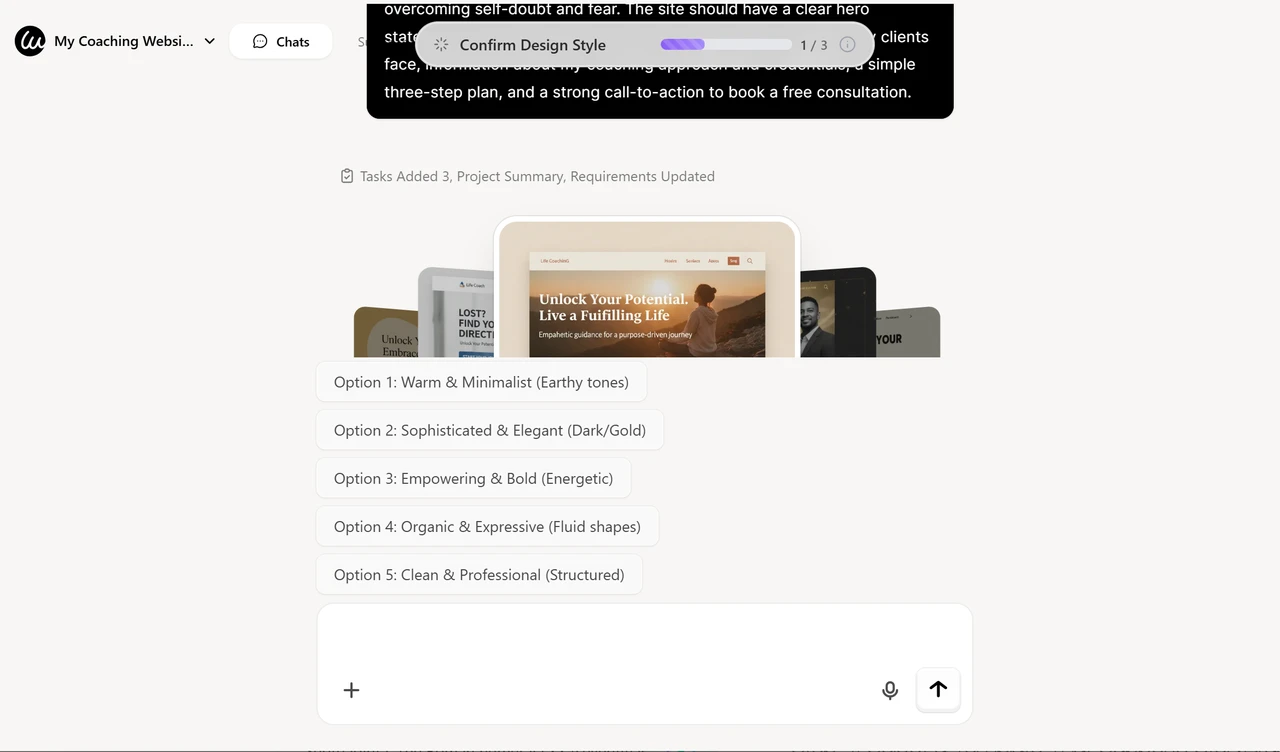 Wegic AI generates 5 options for coaching website designs