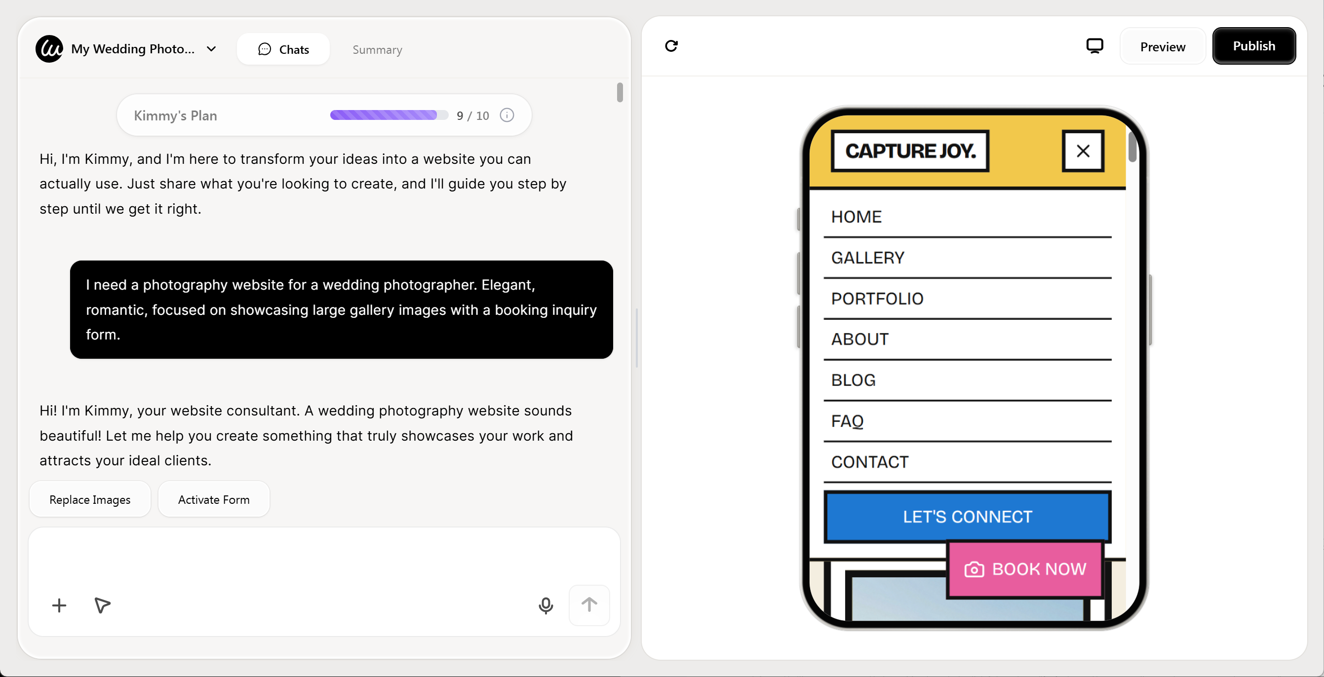 Interface de chat da Wegic AI onde o usuário descreve os requisitos do site de portfólio de fotografia de casamento Interface de chat da Wegic AI onde o usuário descreve os requisitos do site de portfólio de fotografia de casamento