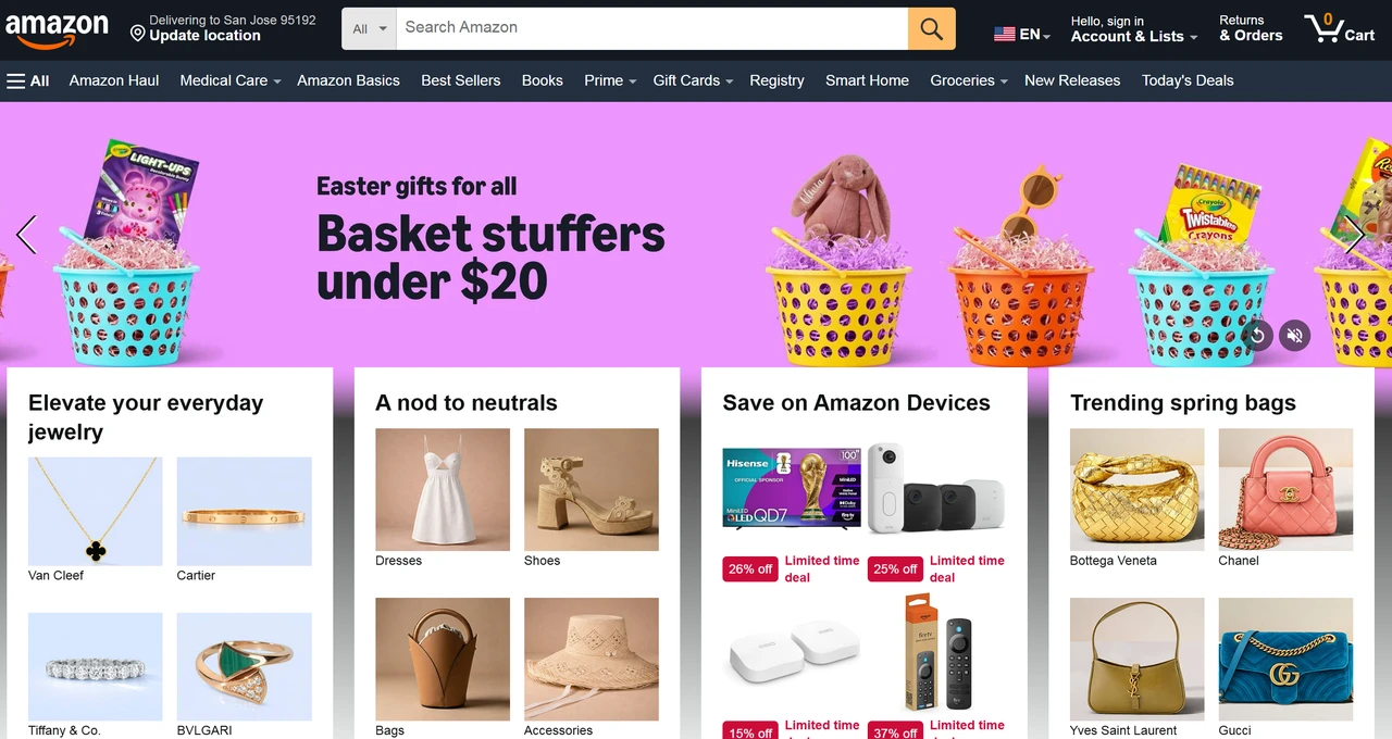 Homepage of eCommerce site - Amazon