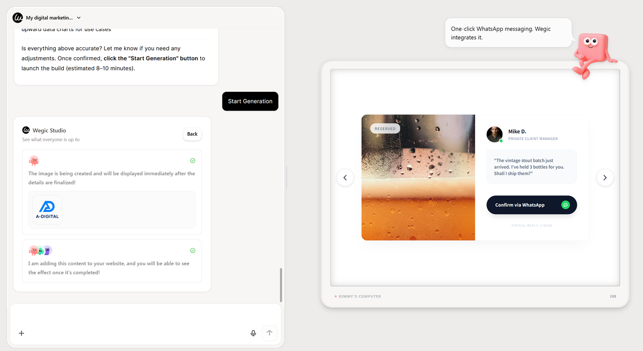 Split screen showing Wegic Studio is in the process of generating a site