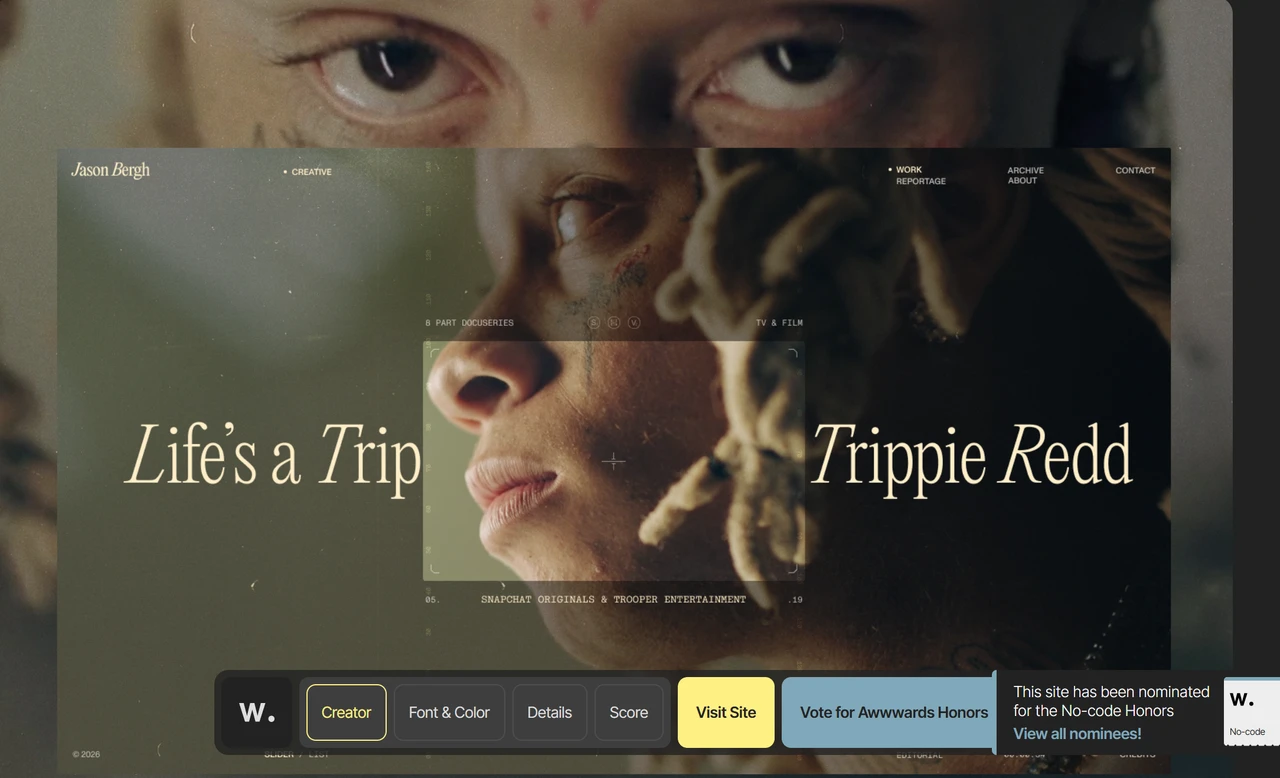 Jason Bergh cinematic portfolio design featuring video backgrounds and parallax scrolling