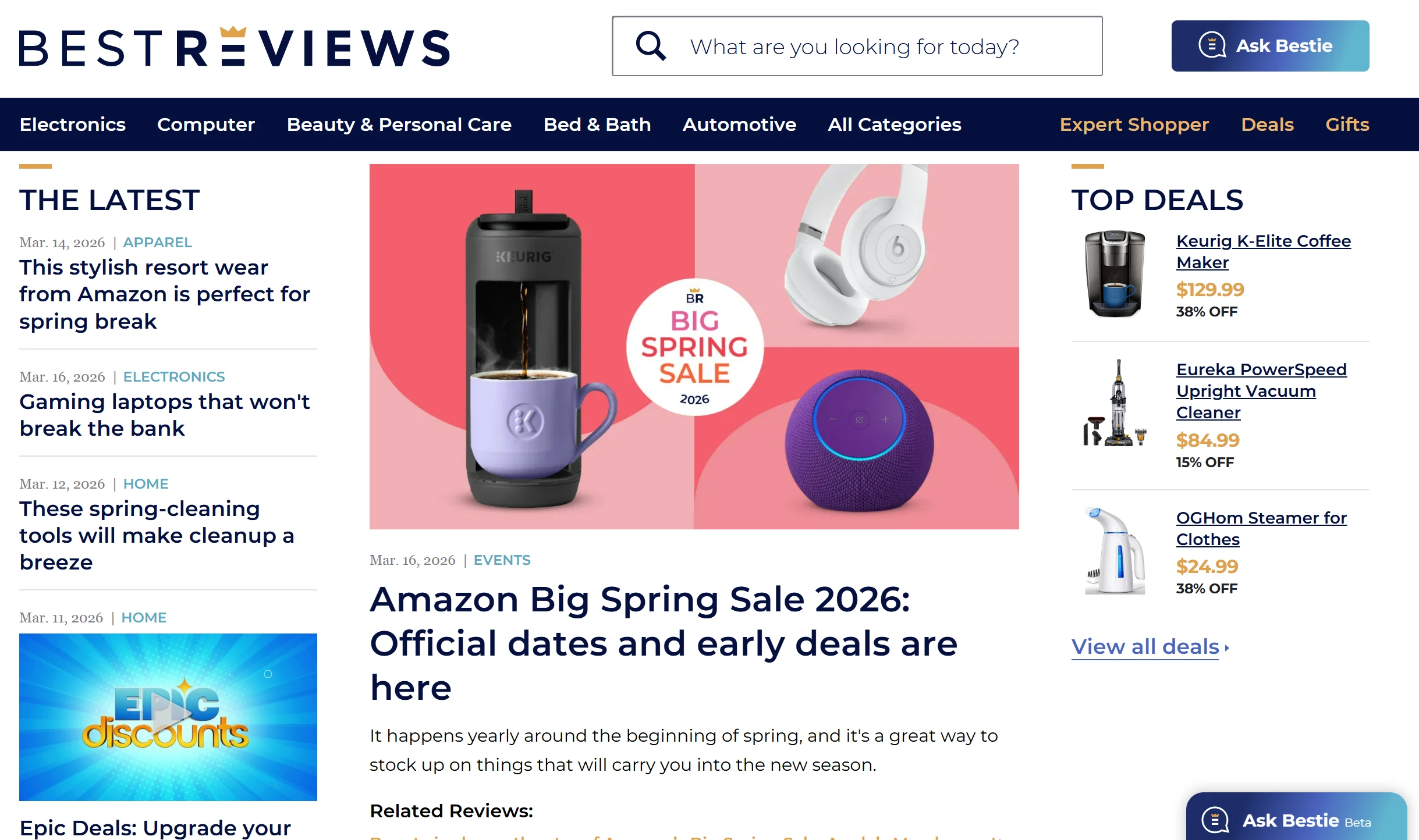 BestReviews website homepage displaying professional product comparison tables with clear testing methodology and user-friendly navigation