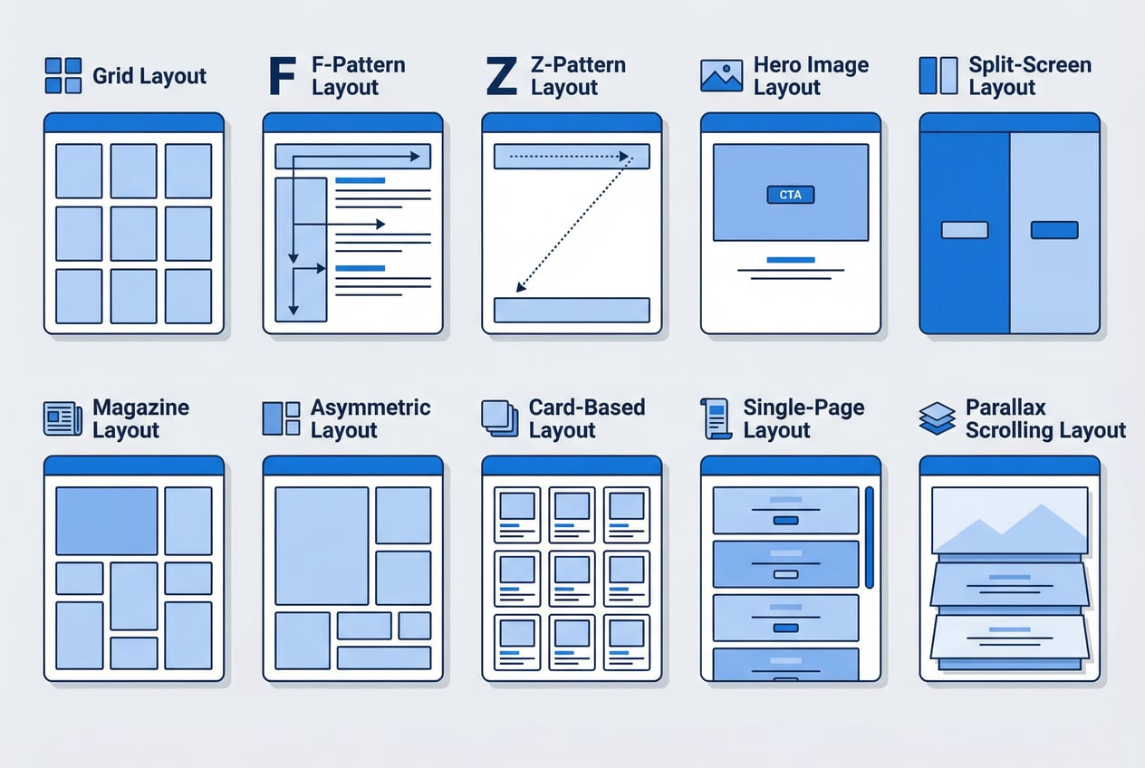 Un infografica che confronta 10 tipi di layout per siti web popolari creati da Wegic