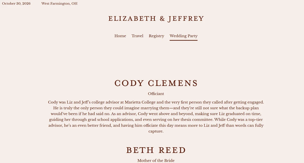 Wedding participant introduction on Elizabeth and Jeffrey's wedding website
