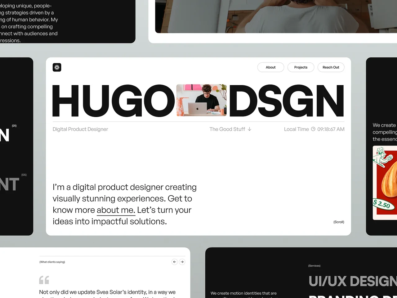Hugo Dsgn personal portfolio website design with structured grid and playful typography