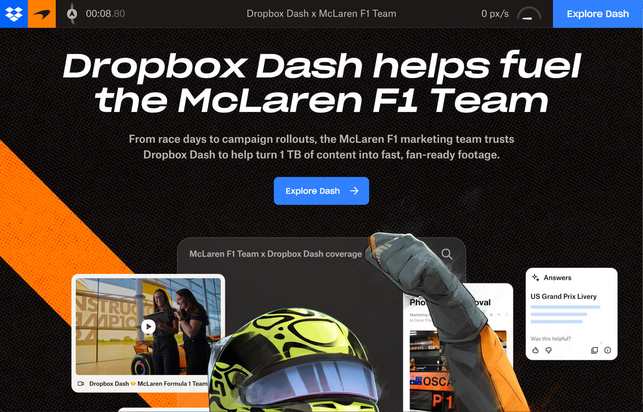 Homepage of Dropbox Dash x McLaren — Case Study Homepage of Dropbox Dash x McLaren — Case Study