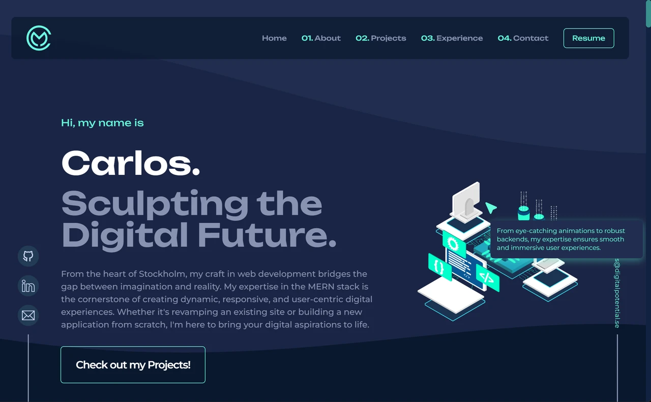 Carlos personal portfolio website design featuring a minimalist layout with bold typography