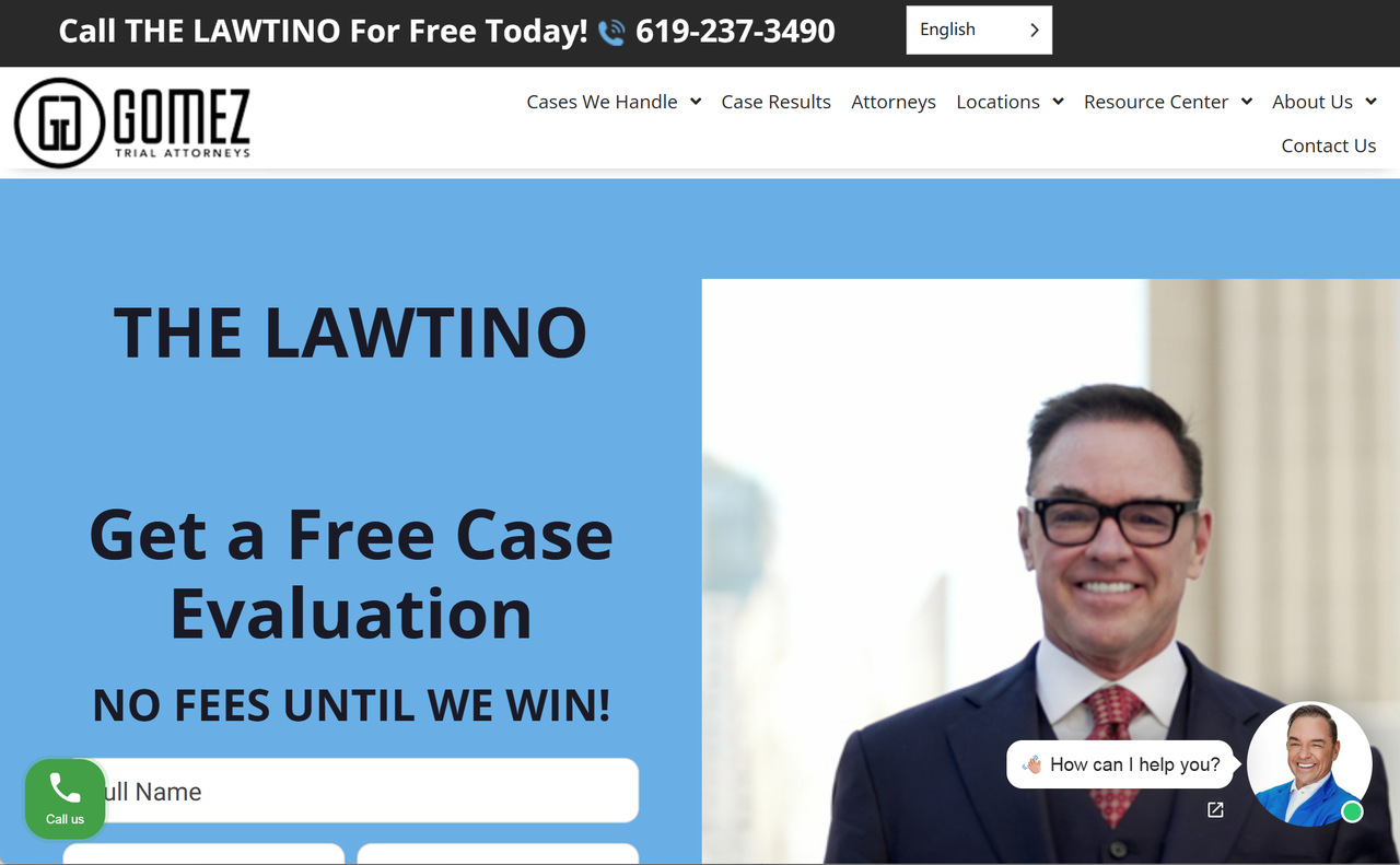 Homepage of law firm website - Gomez Trial Attorneys Homepage of law firm website - Gomez Trial Attorneys