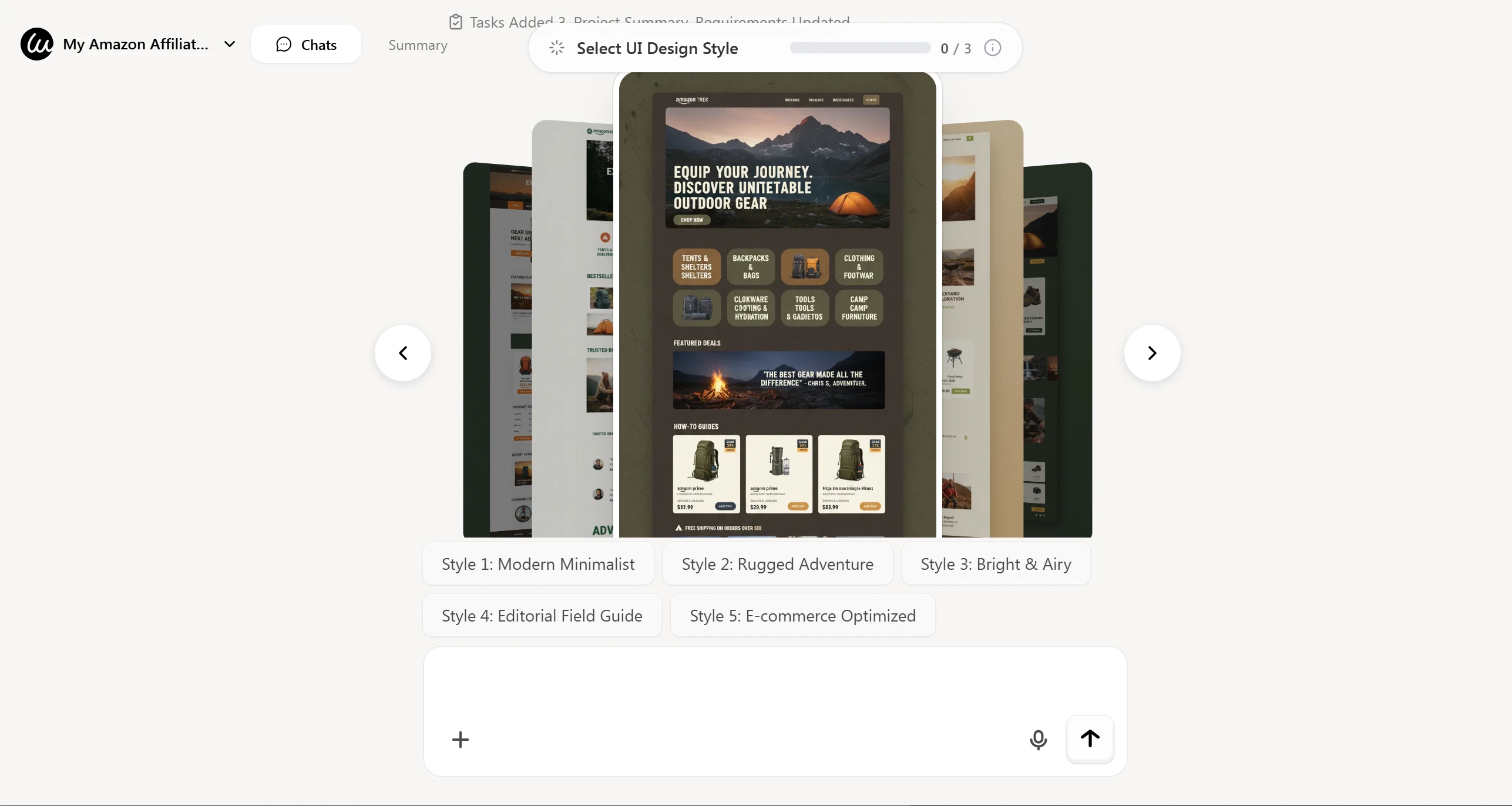 Wegic website preview displaying AI-generated five camping gear affiliate one-page sites in a clean outdoor-themed design