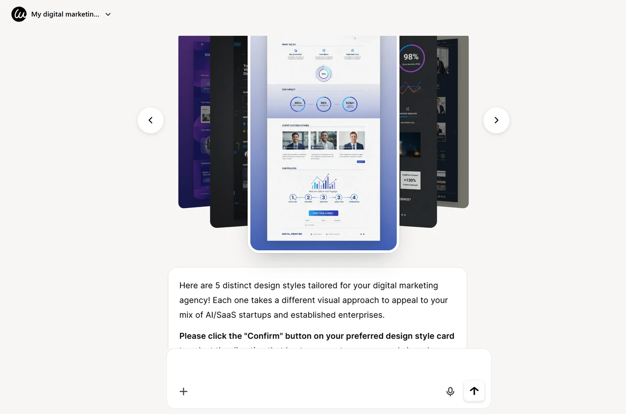 Five unique digital marketing website design options generated by Wegic AI