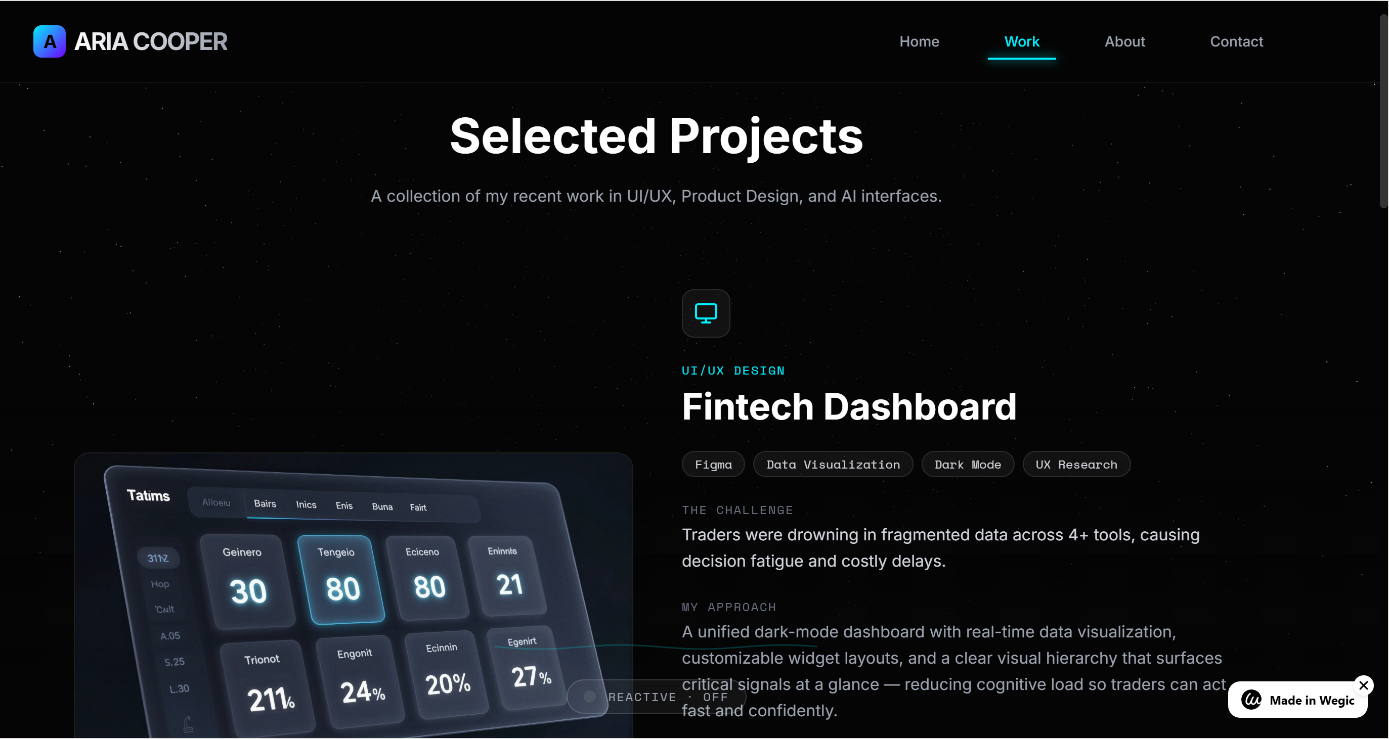 Prévia do site de portfólio gerado pelo Wegic AI mostrando página inicial, trabalho, sobre e página de contato Prévia do site de portfólio gerado pelo Wegic AI mostrando página inicial, trabalho, sobre e página de contato