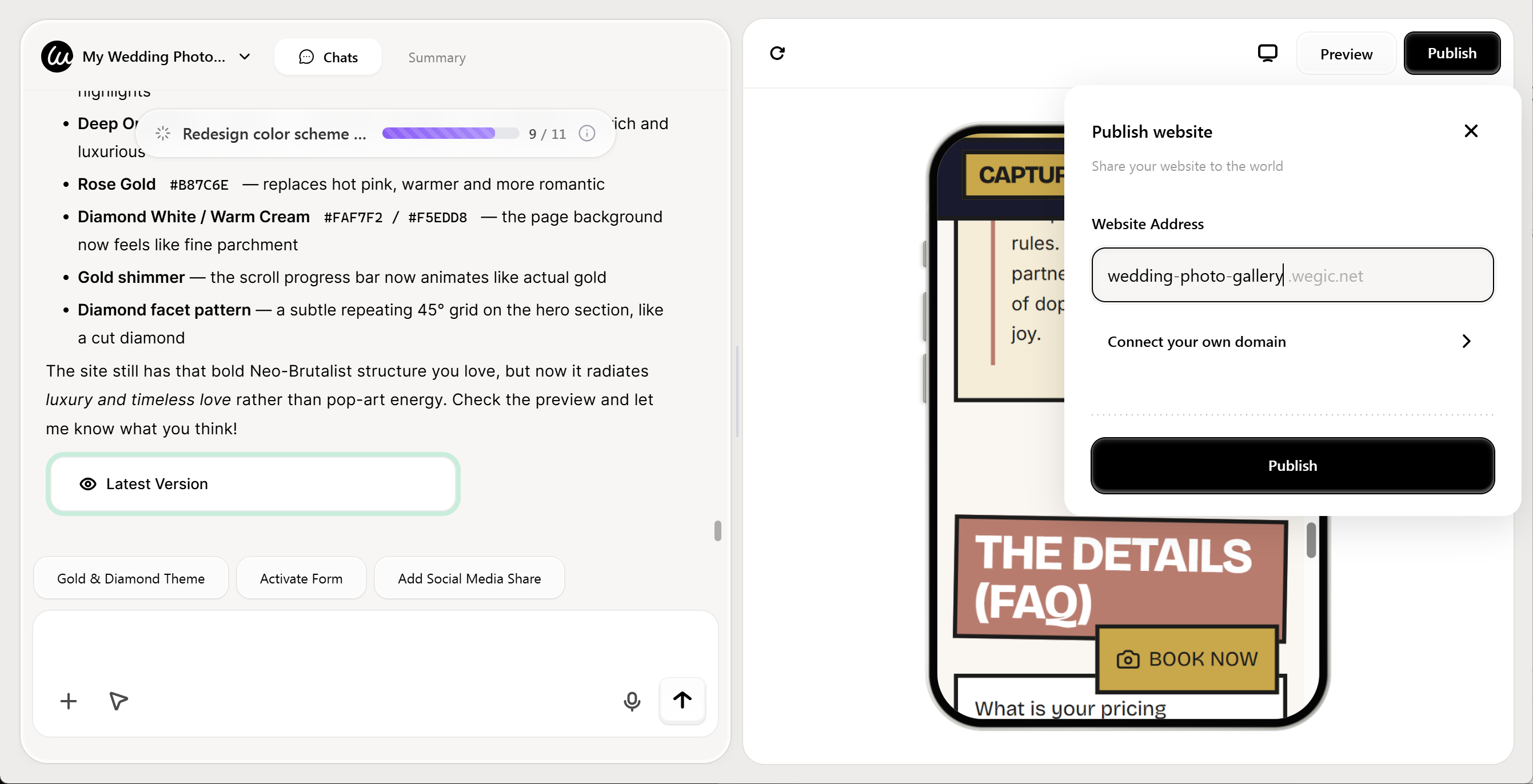 O botão de publicar aparece na interface de edição da Wegic AI O botão de publicar aparece na interface de edição da Wegic AI