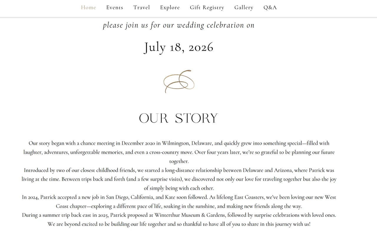 Our Story section on Kate and Patrick's wedding website