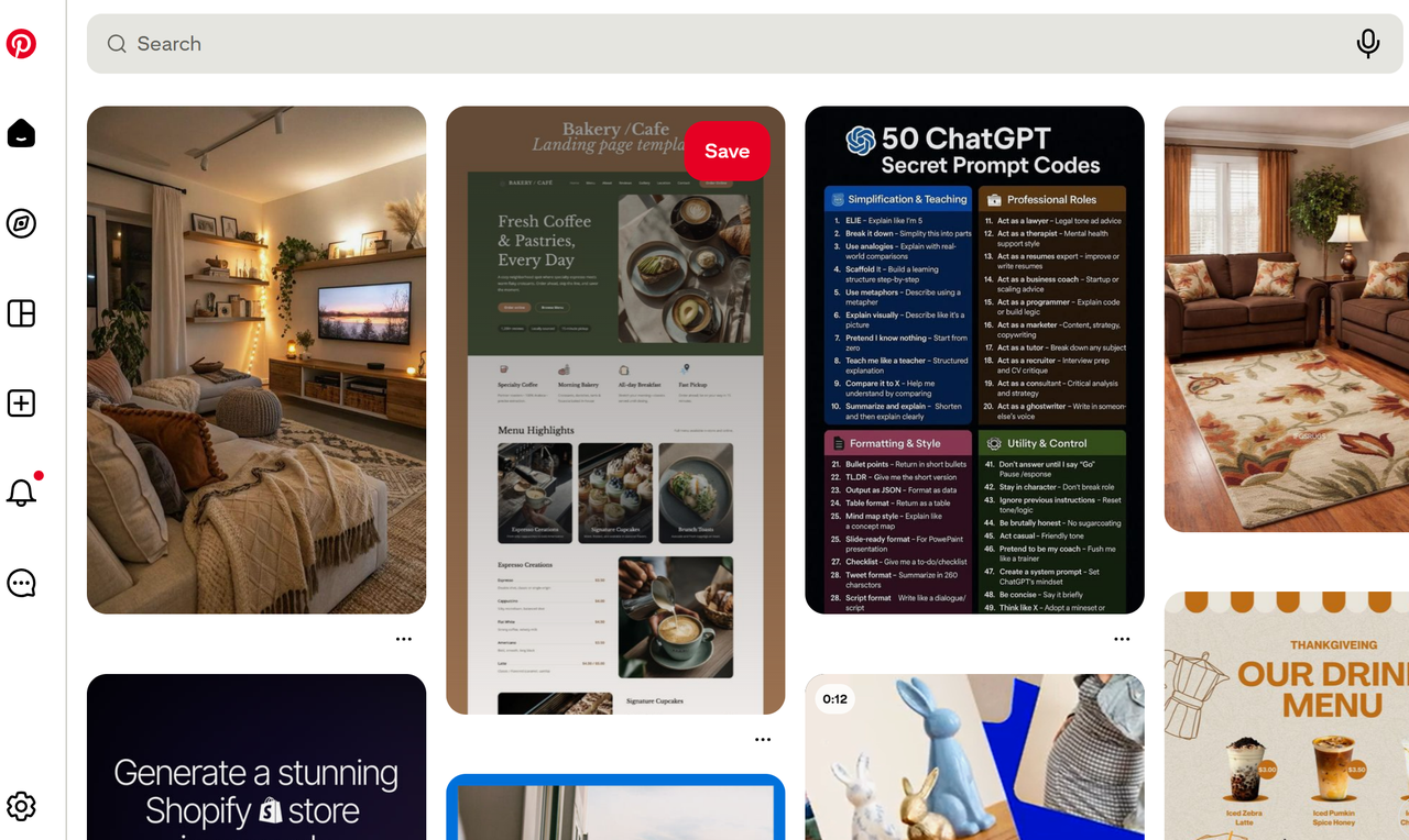 Layout del sito web a schede di Pinterest