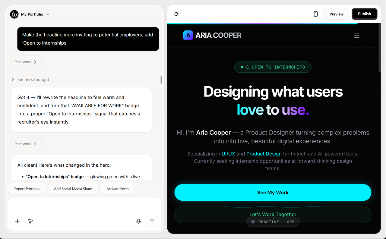 Editing portfolio website with natural language commands and preview Editing portfolio website with natural language commands and preview