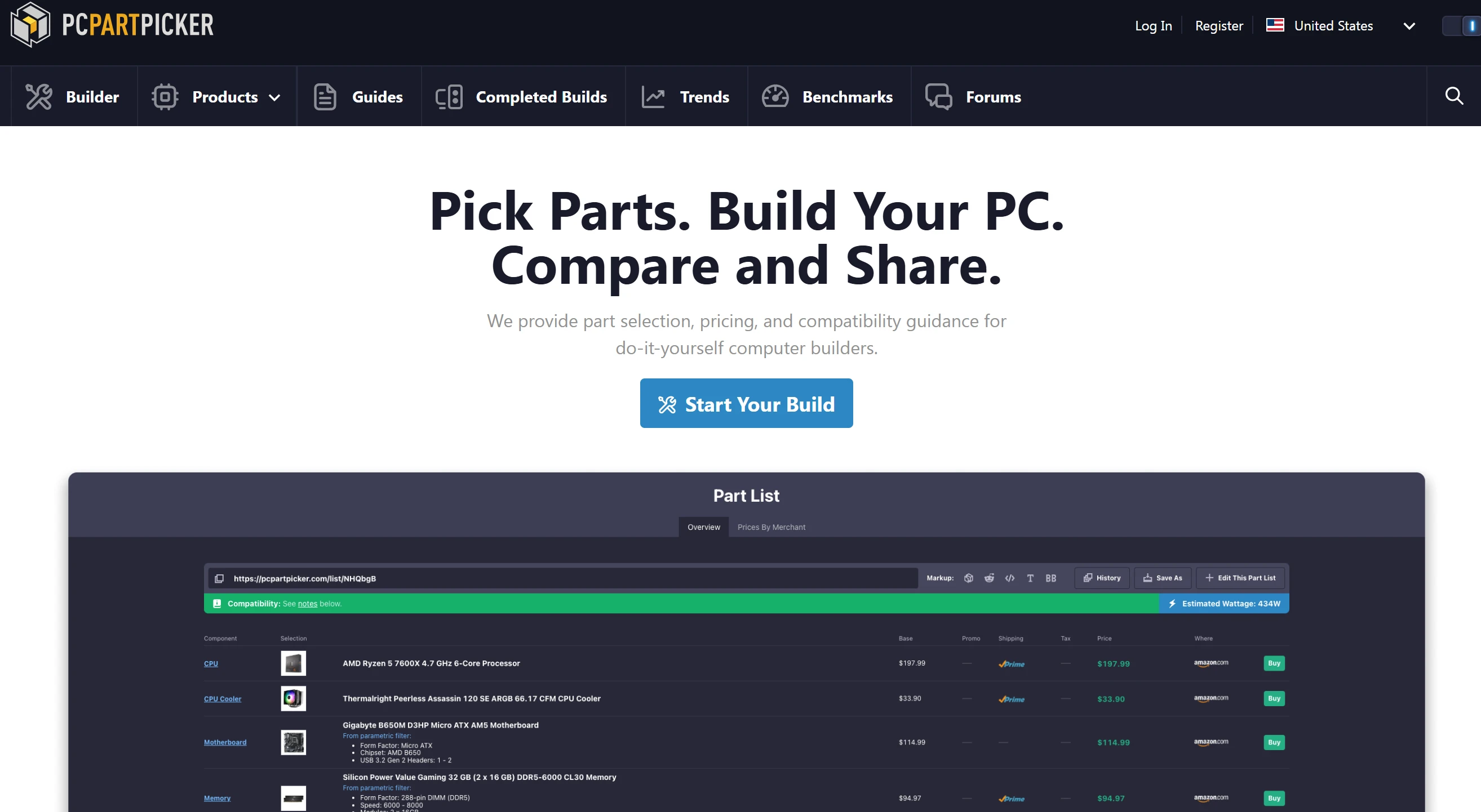 PCPartPicker system builder tool interface displaying real-time compatibility checking and price comparison across multiple retailers