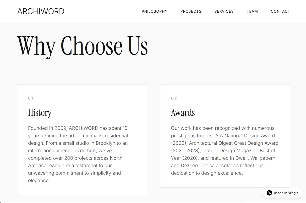 Why Choose Us section on a minimalist residential design site built on Wegic