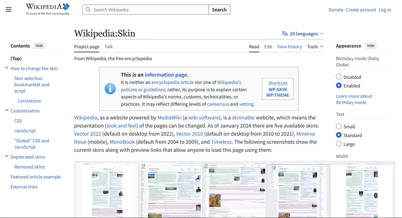 Web page showing five avaible Wikipedia skins
