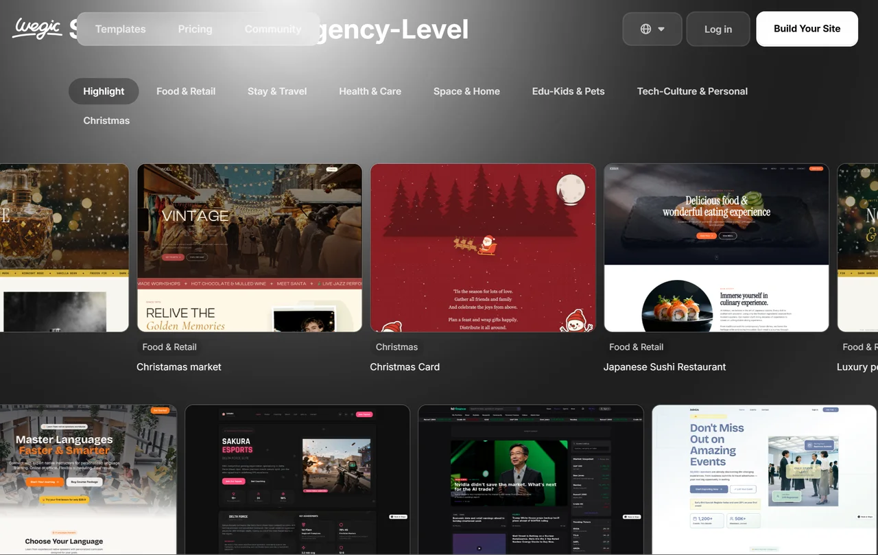 Wegic template library with photography and portfolio categories