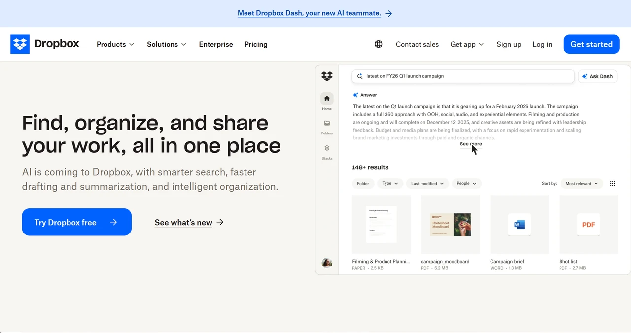 Homepage of dropbox.com