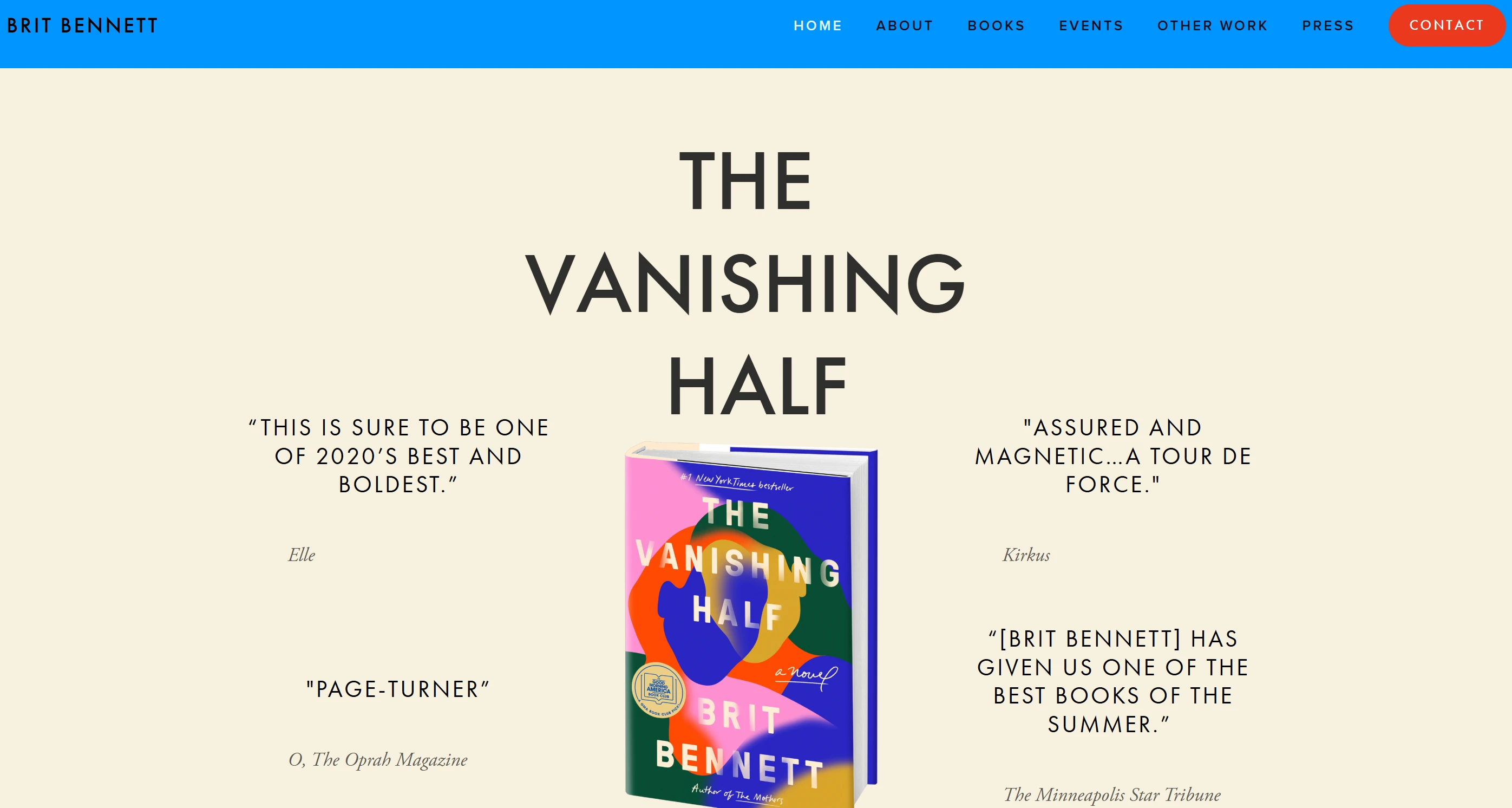 Homepage of author website - Brit Bennett