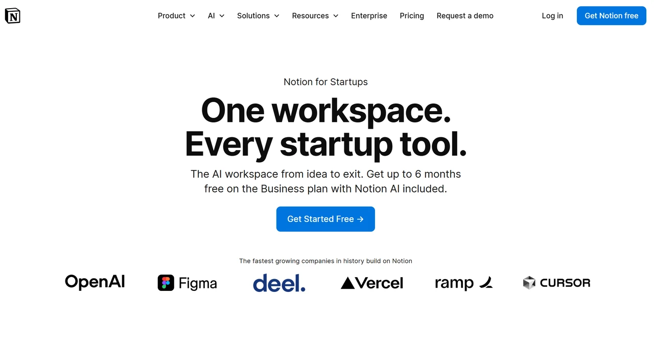 Landing page of Notion solutions to startups