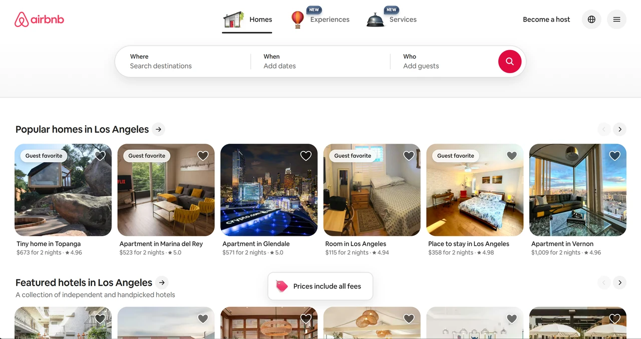 Homepage of Airbnb