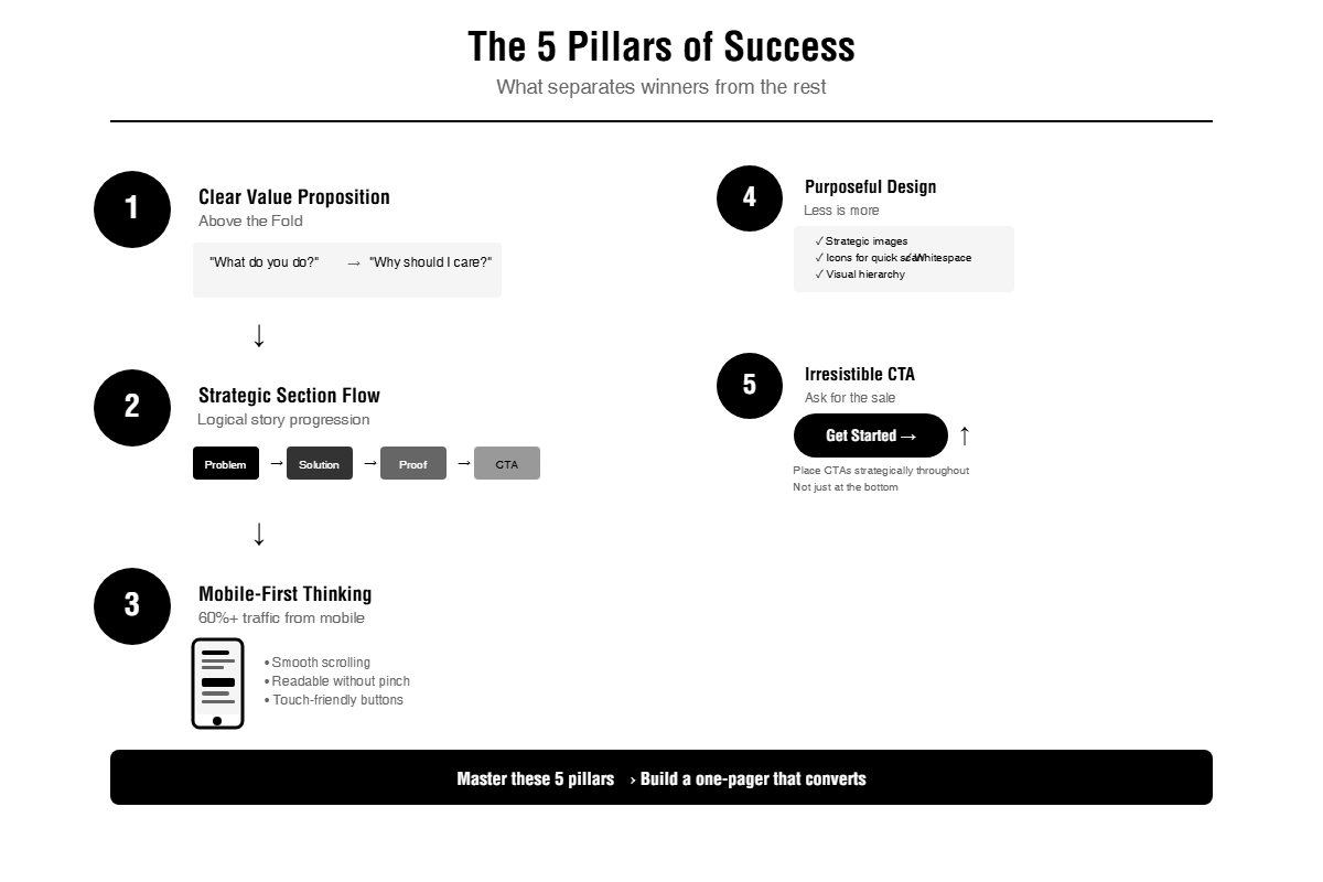 Diagram illustrating the five critical elements for a successful one-page website Diagram illustrating the five critical elements for a successful one-page website