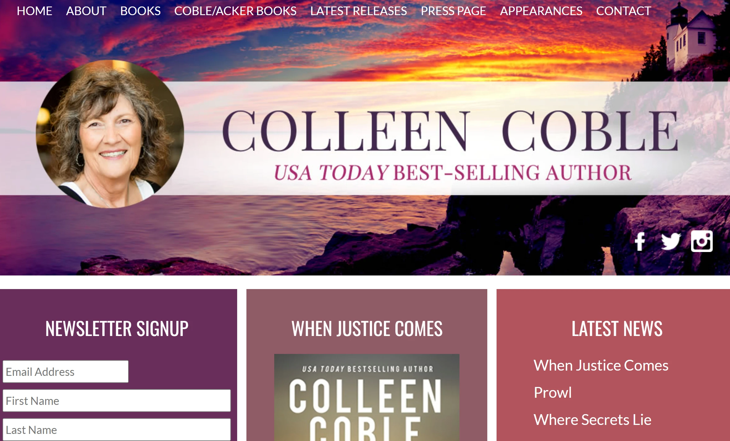 Homepage of author website - Colleen Coble