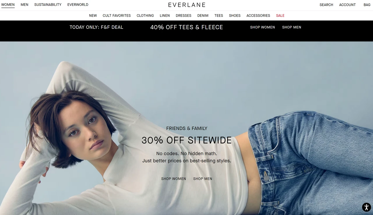 Homepage of Everlane's website