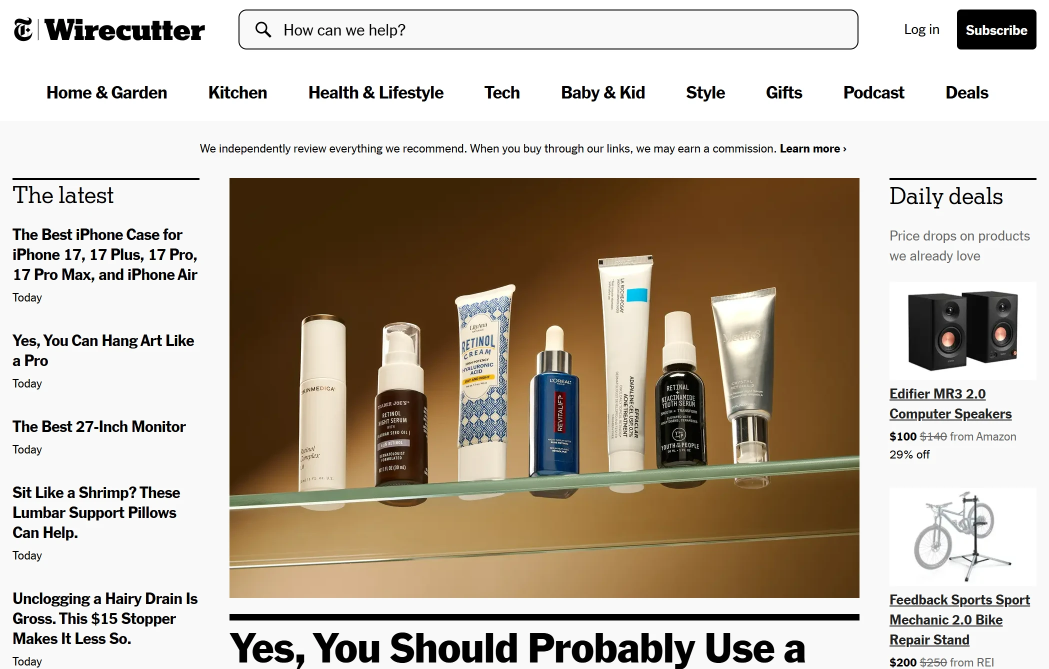 Wirecutter product testing setup showing multiple items being evaluated side-by-side with professional testing equipment