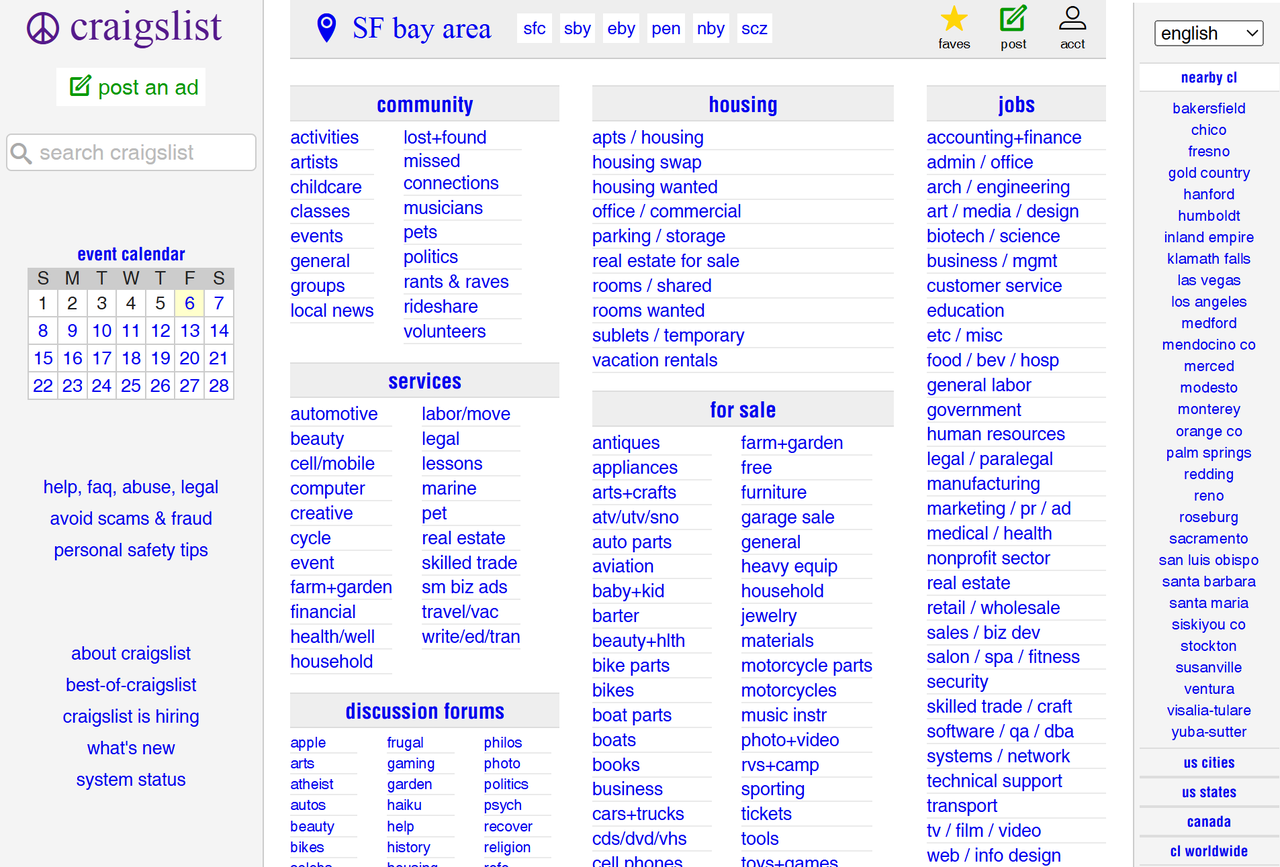Homepage of craigslist.org