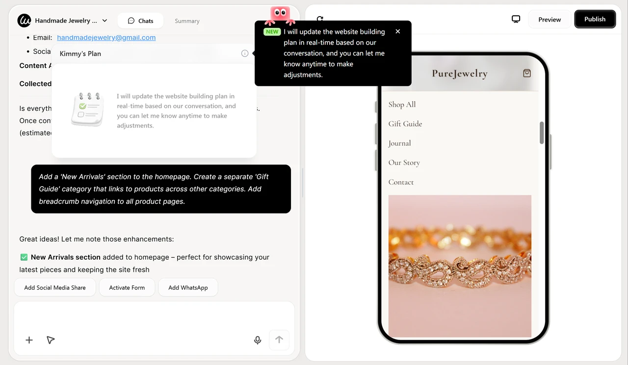 Sending prompts to Wegic AI Kimmy to refine the generated website structure
