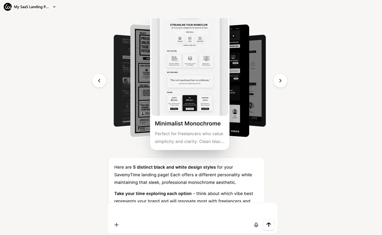 Five unique SaaS landing page design concepts generated by Wegic AI