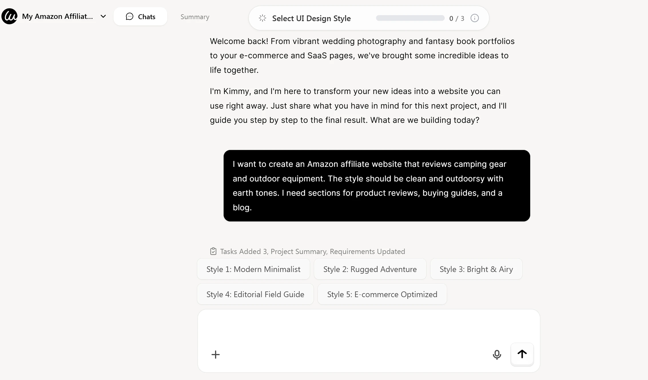 Wegic AI chat interface displaying user input describing an Amazon affiliate website for camping gear with AI generating initial design suggestions