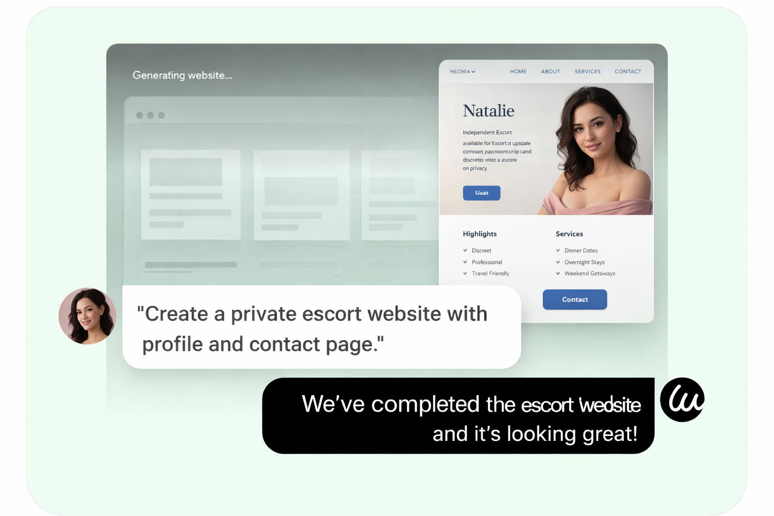 Wegic AI escorts website builder generating private service website from chat