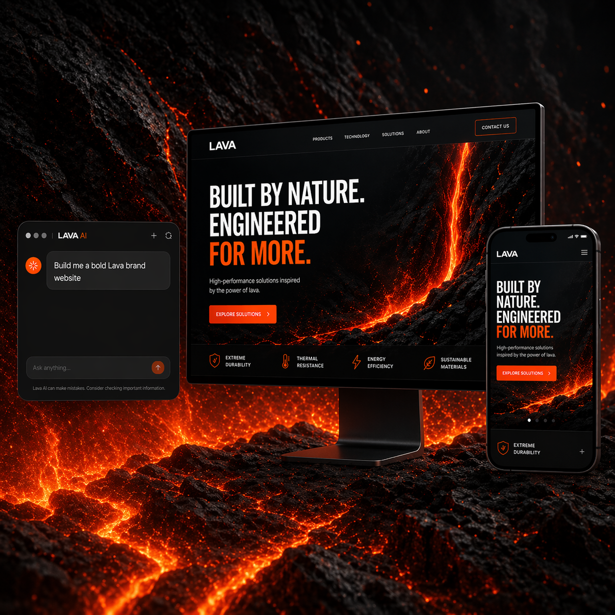 Interfaccia del costruttore di siti web AI Lava che mostra la funzione chat-to-build su desktop e mobile