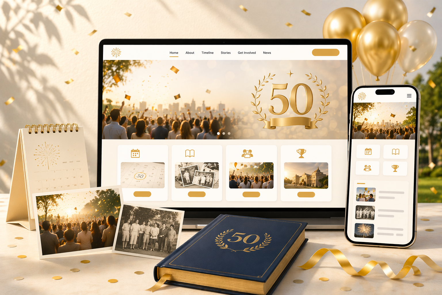 Wegic jubilee website builder hero image showing a festive anniversary website on desktop and mobile
