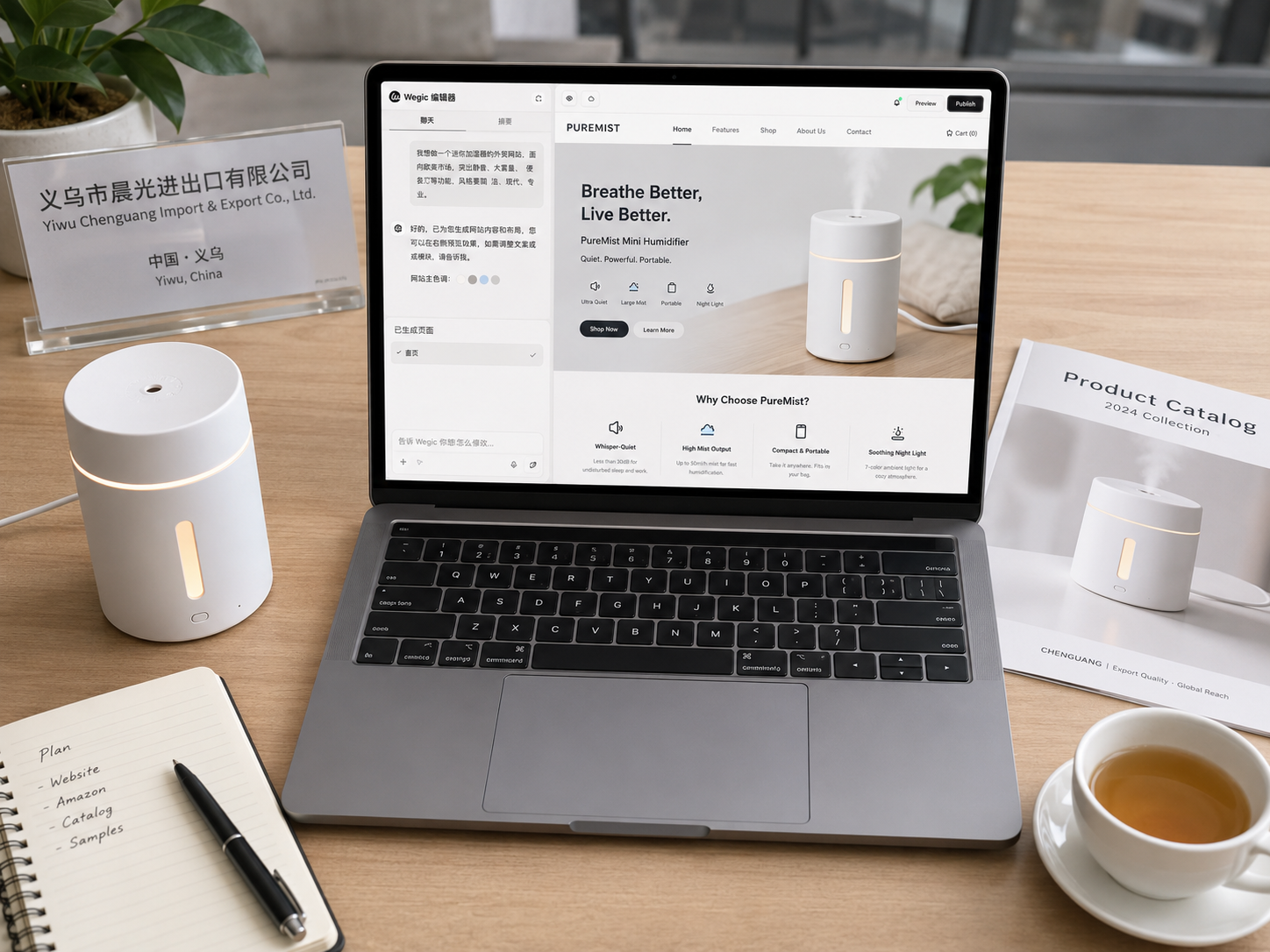Chinese exporter using Wegic AI China website builder to chat in Chinese and build an English brand site