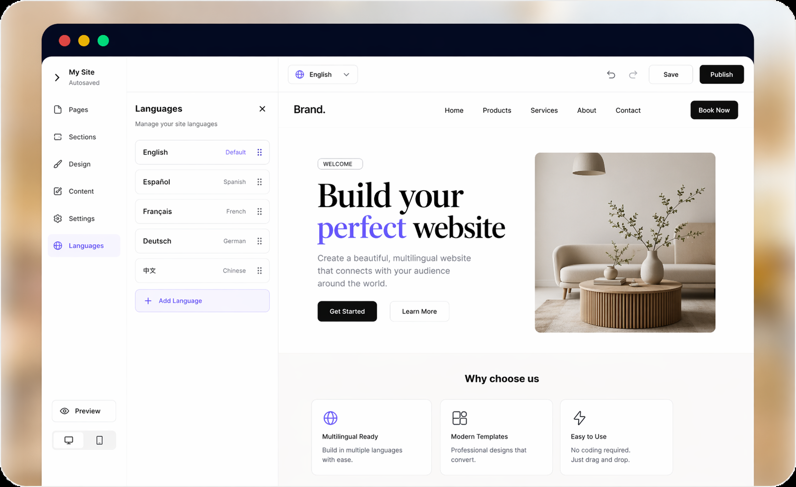 Wegic AI multilingual Chinese website builder interface