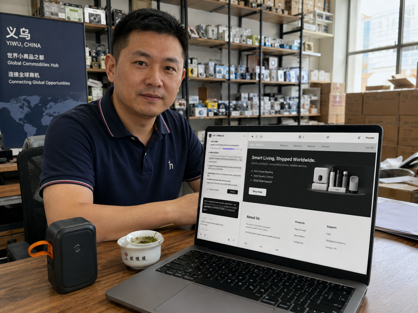 Wei C., Yiwu kitchen gadgets exporter, building his English brand site with Wegic AI China website builder