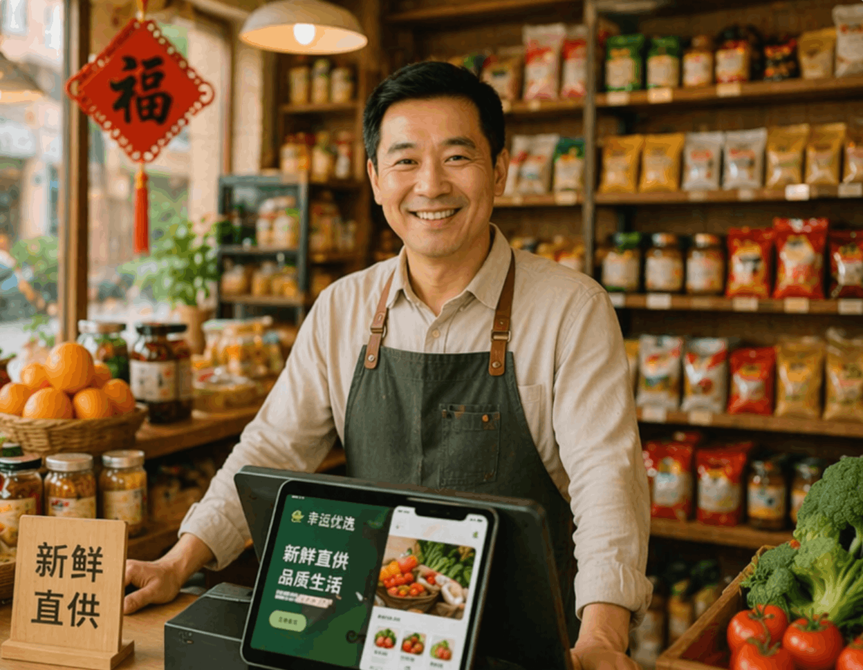 Chinese business owner using an AI-generated storefront website by Wegic