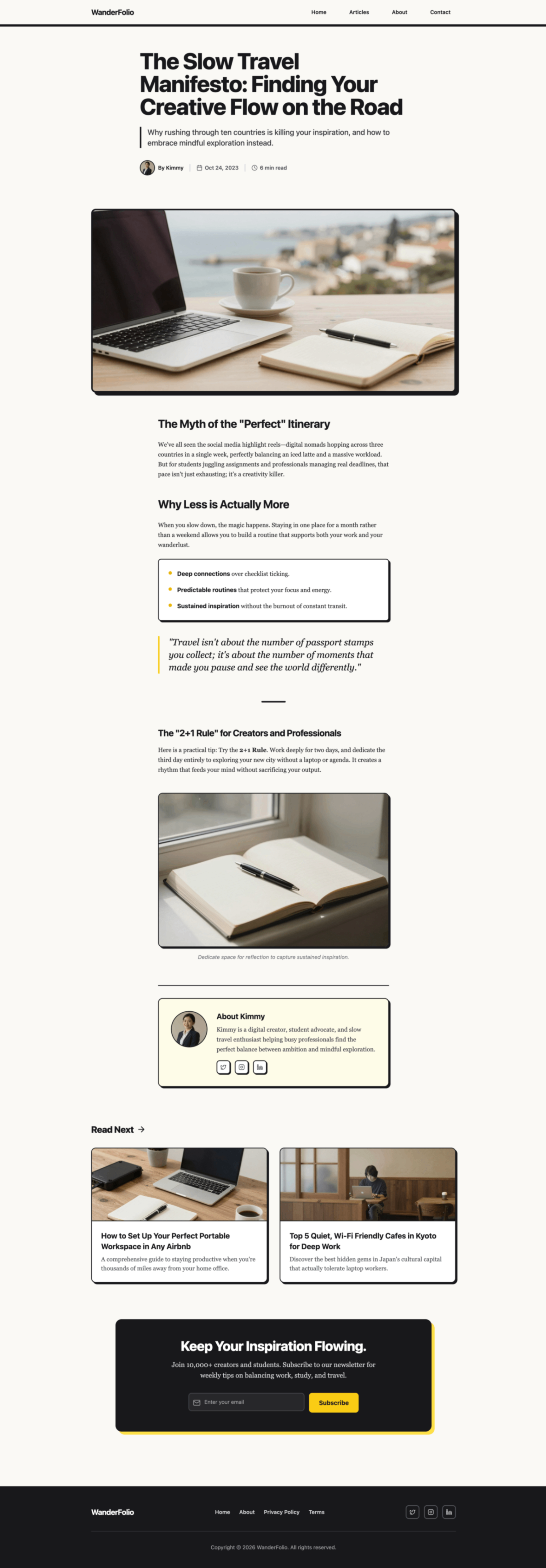 monochrome minimalist personal travel blog template web preview screenshot