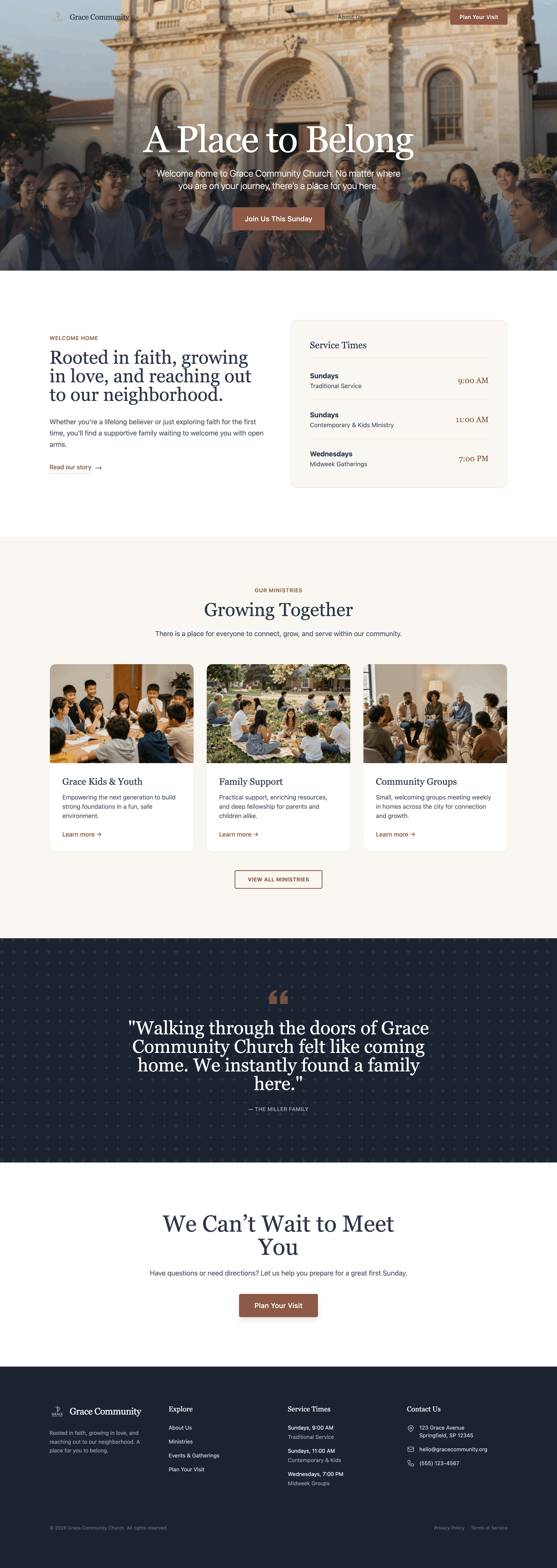 warm modern community church website template web preview screenshot
